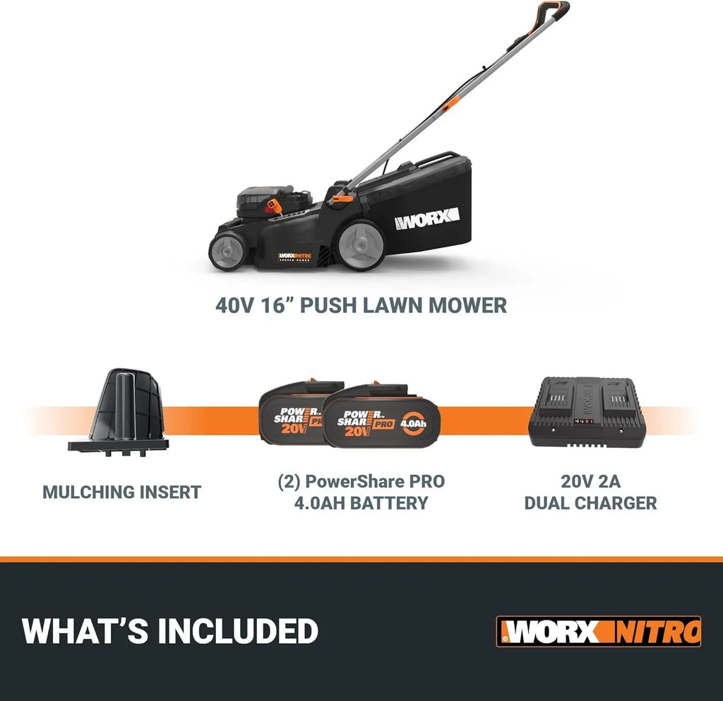 WORX Nitro 40V 40.6 cm Cordless Push Lawn Mower with Brushless Motor 2.0 & Intellicut